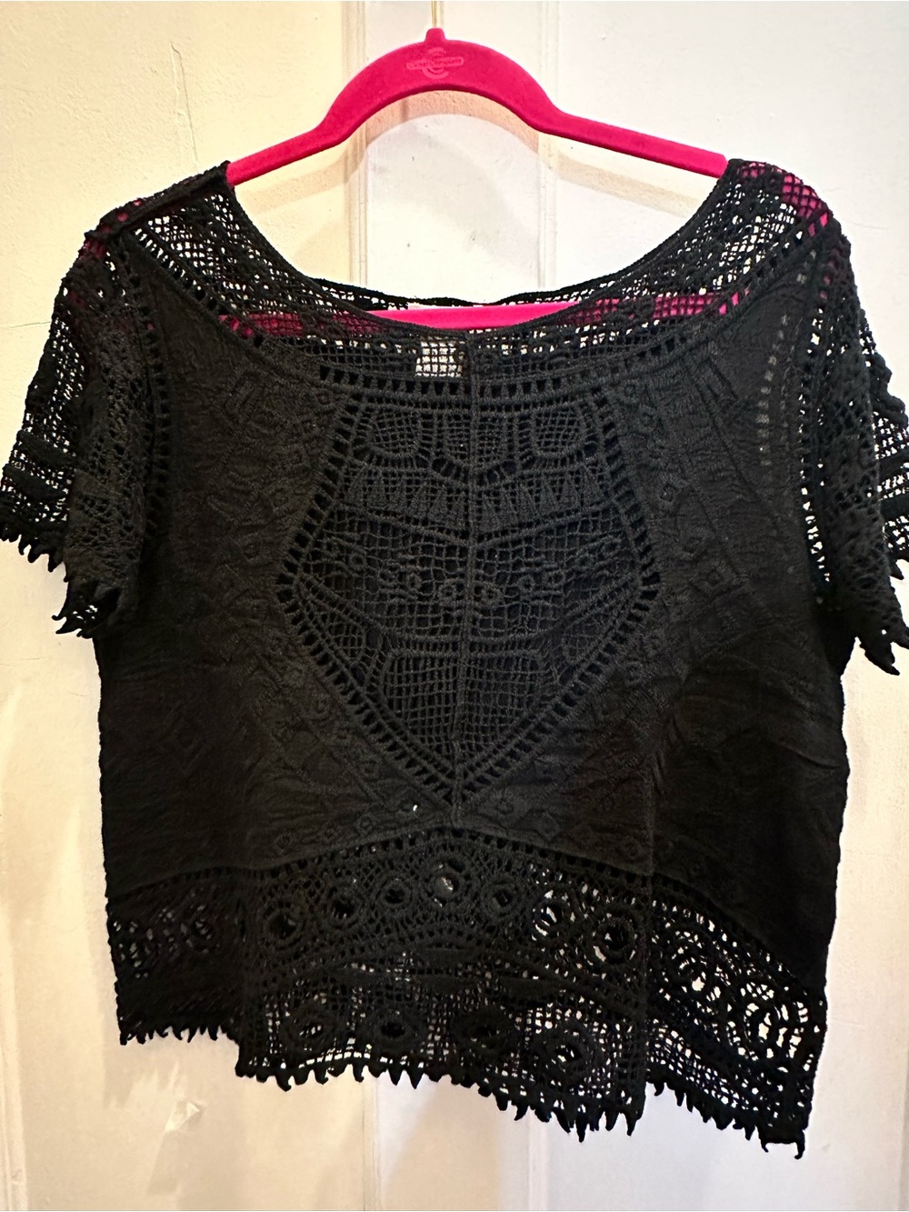 Ultra Pink Black Crochet Lace Tunic Top
